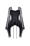 Gothic lace up T-shirt with big mesh flower sleeves TW219 - Gothlolibeauty