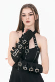 Goth Punk Matte Black Multi-Buckle Eyelet Strap Elasticated Gloves AGL032