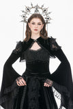Gothic Revival Velvet Shrug with High Neck, Lace-Cutout Shoulders and Flared Ruffle Sleeves BW172
