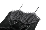Gothic Retro Dark Cool Lace Mesh Patchwork Velvet Cami Top with Beaded Tassel Drops CW111