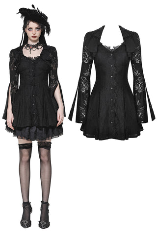 Black Hollow Lace Gemstone Button Adjustable Waist Dress DW1003