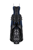 Royal Indigo Velvet & Lace Gothic Dress with Crown Lace and Tiered Tail Hem DW1113