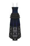 Royal Indigo Velvet & Lace Gothic Dress with Crown Lace and Tiered Tail Hem DW1113