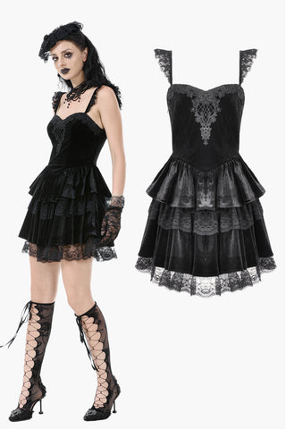 Gothic Midnight Velvet Dress with Lace Petal Sleeves and Layered Ruffle Skirt DW1115