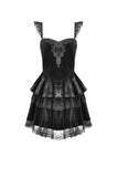 Gothic Midnight Velvet Dress with Lace Petal Sleeves and Layered Ruffle Skirt DW1115