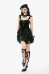 Gothic Midnight Velvet Dress with Lace Petal Sleeves and Layered Ruffle Skirt DW1115