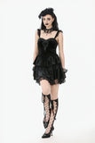 Gothic Midnight Velvet Dress with Lace Petal Sleeves and Layered Ruffle Skirt DW1115