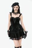 Gothic Midnight Velvet Dress with Lace Petal Sleeves and Layered Ruffle Skirt DW1115