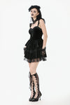 Gothic Midnight Velvet Dress with Lace Petal Sleeves and Layered Ruffle Skirt DW1115