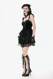 Gothic Midnight Velvet Dress with Lace Petal Sleeves and Layered Ruffle Skirt DW1115