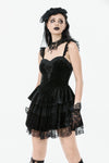 Gothic Midnight Velvet Dress with Lace Petal Sleeves and Layered Ruffle Skirt DW1115