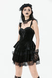 Gothic Midnight Velvet Dress with Lace Petal Sleeves and Layered Ruffle Skirt DW1115