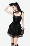 Gothic Midnight Velvet Dress with Lace Petal Sleeves and Layered Ruffle Skirt DW1115