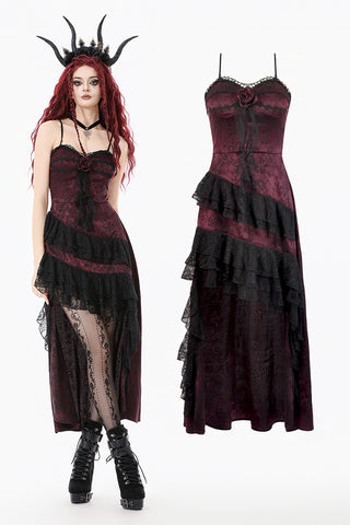 Gothic Red Rose Asymmetric Layered Lace Ruffle dress DW1142