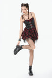Red-Black Plaid Leather Layered Punk Sweetcore Dress DW1156 - Gothlolibeauty