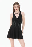 Night Vine Shackles - Dark Techwear Halter V-Neck Cross Pendant Double Eyelet Corset Lace-Up A-Line Dress DW1168