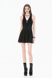 Night Vine Shackles - Dark Techwear Halter V-Neck Cross Pendant Double Eyelet Corset Lace-Up A-Line Dress DW1168