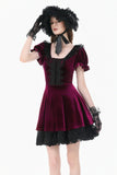 Gothic Romantic Burgundy Velvet Dress with Square Neck and Black Lace Patchwork  DW1175