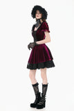 Gothic Romantic Burgundy Velvet Dress with Square Neck and Black Lace Patchwork  DW1175