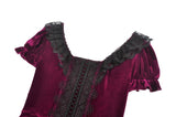 Gothic Romantic Burgundy Velvet Dress with Square Neck and Black Lace Patchwork  DW1175