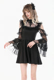 Romantic Gothic High-Neck Sheer Mesh Dress with Layered Lace Frill and Bell Sleeves DW1176