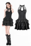 Gothic Halter Lace Patchwork Rose Jacquard Tiered Ruffle Mini Dress DW1179