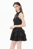 Gothic Halter Lace Patchwork Rose Jacquard Tiered Ruffle Mini Dress DW1179