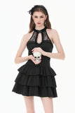 Gothic Halter Lace Patchwork Rose Jacquard Tiered Ruffle Mini Dress DW1179