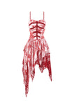 Bloody Romance - Gothic Asymmetric Tiered Dress in Red-White Tie-Dye Chiffon DW1182