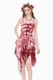 Bloody Romance - Gothic Asymmetric Tiered Dress in Red-White Tie-Dye Chiffon DW1182