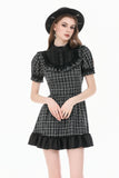 Dark Lolita Gingham Patchwork Lace Ruffle Puff Sleeve A-Line Dress DW1185