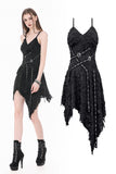 Post-Apocalyptic Black Dress with Shredded Texture and Metallic Buckle Harness DW1191