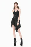 Post-Apocalyptic Black Dress with Shredded Texture and Metallic Buckle Harness DW1191