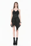 Post-Apocalyptic Black Dress with Shredded Texture and Metallic Buckle Harness DW1191