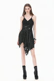 Post-Apocalyptic Black Dress with Shredded Texture and Metallic Buckle Harness DW1191