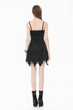 Post-Apocalyptic Black Dress with Shredded Texture and Metallic Buckle Harness DW1191