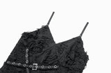 Post-Apocalyptic Black Dress with Shredded Texture and Metallic Buckle Harness DW1191