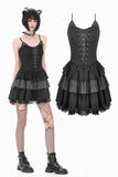 Midnight Stripe - Gothic Punk Tiered Dress with Contrast Stripes and Ruffled Hem DW1193