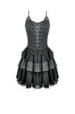 Midnight Stripe - Gothic Punk Tiered Dress with Contrast Stripes and Ruffled Hem DW1193