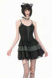Midnight Stripe - Gothic Punk Tiered Dress with Contrast Stripes and Ruffled Hem DW1193