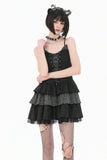 Midnight Stripe - Gothic Punk Tiered Dress with Contrast Stripes and Ruffled Hem DW1193