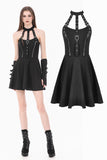 Dark Punk Halter Dress with Metallic Buckles and Front Zipper Detail DW1194