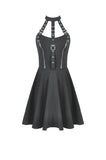 Dark Punk Halter Dress with Metallic Buckles and Front Zipper Detail DW1194