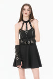 Dark Punk Halter Dress with Metallic Buckles and Front Zipper Detail DW1194