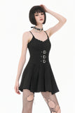 Dark Punk Camisole Dress with Studded Neckline, Triple Buckle Waist and Pleated A-Line Skirt DW1196