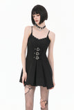Dark Punk Camisole Dress with Studded Neckline, Triple Buckle Waist and Pleated A-Line Skirt DW1196