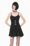 Dark Punk Camisole Dress with Studded Neckline, Triple Buckle Waist and Pleated A-Line Skirt DW1196