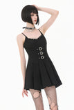 Dark Punk Camisole Dress with Studded Neckline, Triple Buckle Waist and Pleated A-Line Skirt DW1196