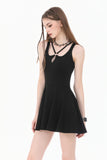 Dark Punk Style Black Mini Dress with Cut-out Cross Straps  DW1197
