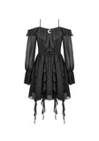 Gothic Black Chiffon Off-the-Shoulder Dress with Crescent Moon Charm and Layered Ruffle Hem DW1200